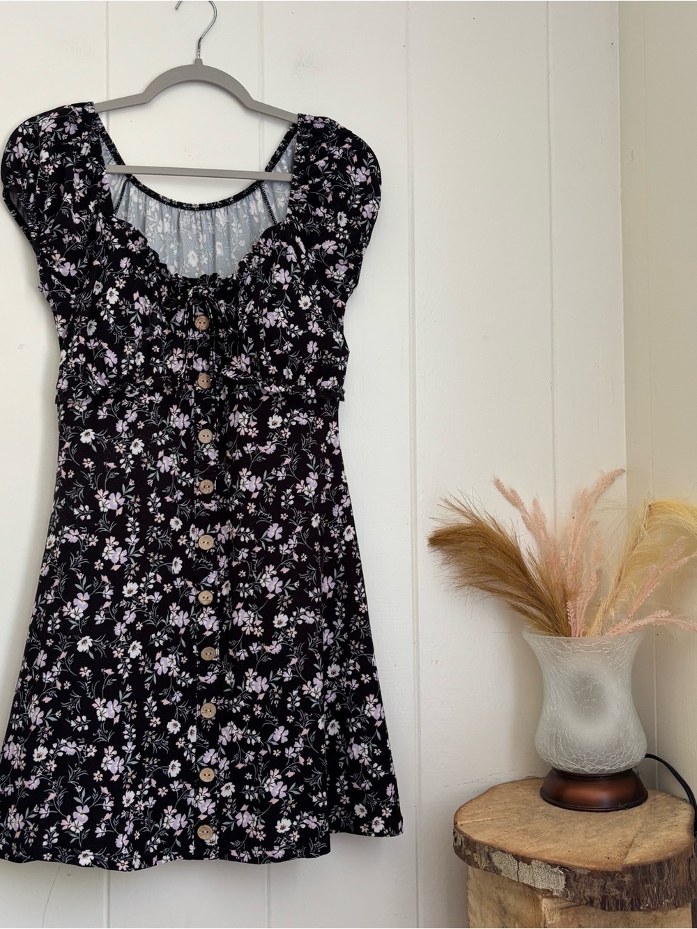 No Boundaries Black Mini Dress with Lavender Floral Print